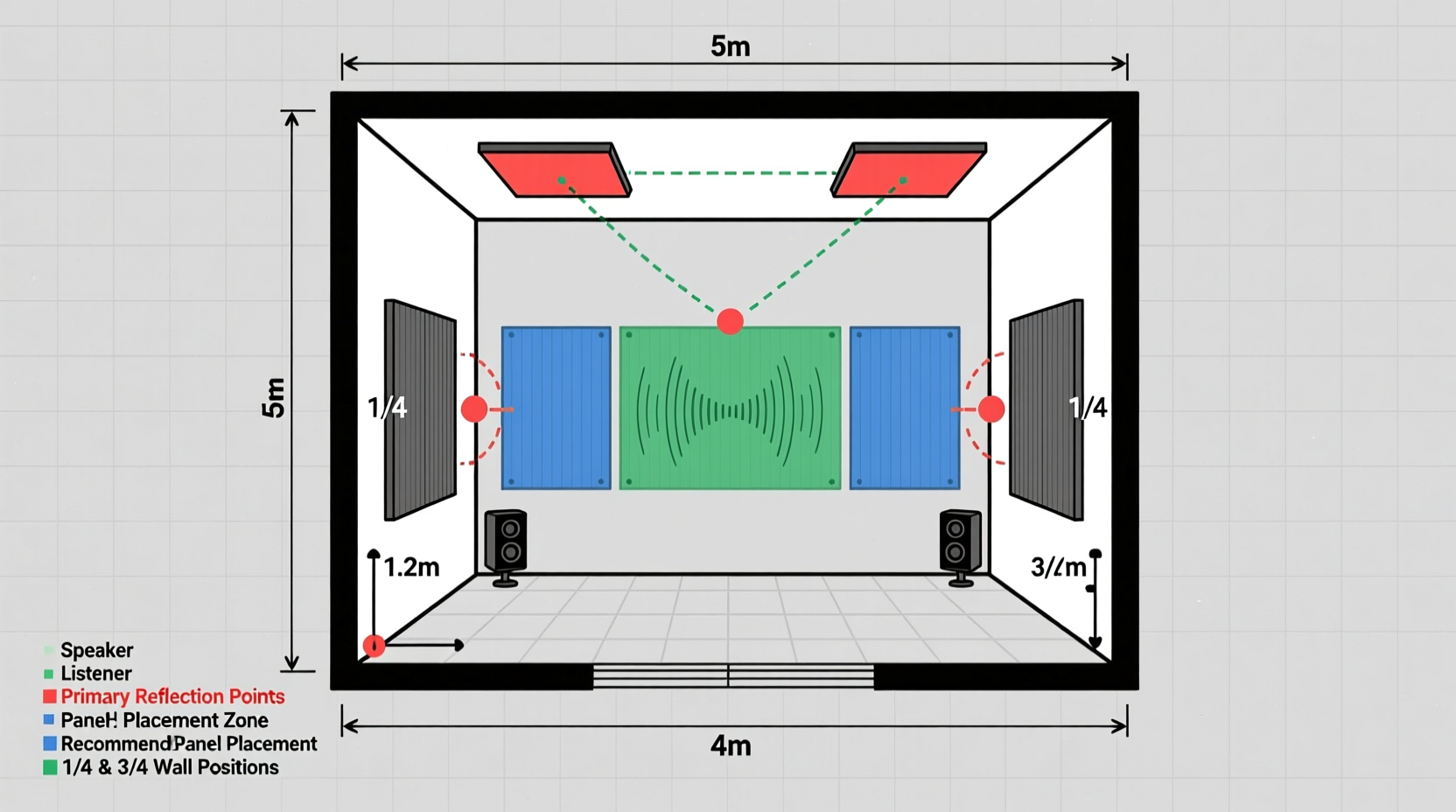 Diagram showing optimal sound panel placement in rectangular room