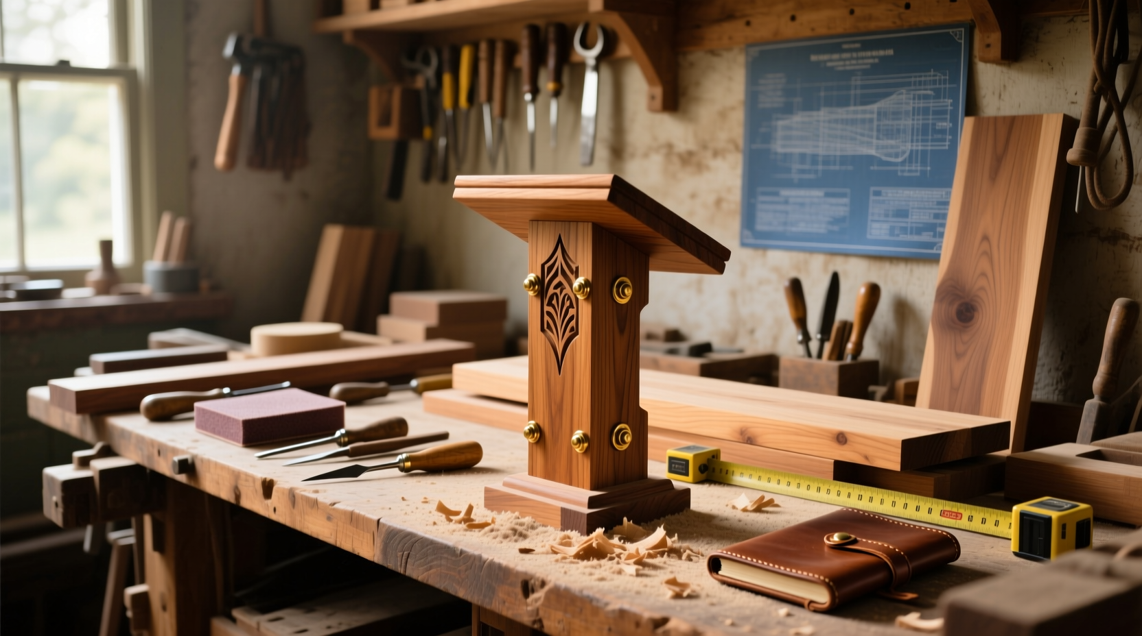 Lectern crafting materials laid out on workbench