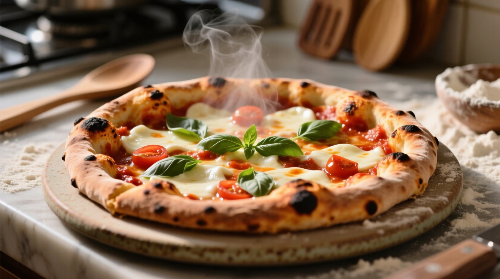 Perfectly baked homemade pizza on pizza stone with crispy crust