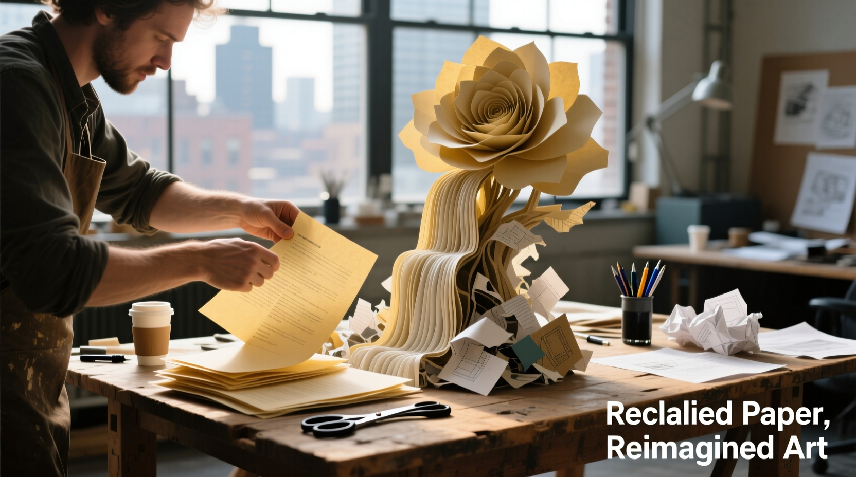 Paper artist creating 3D sculpture from recycled office documents
