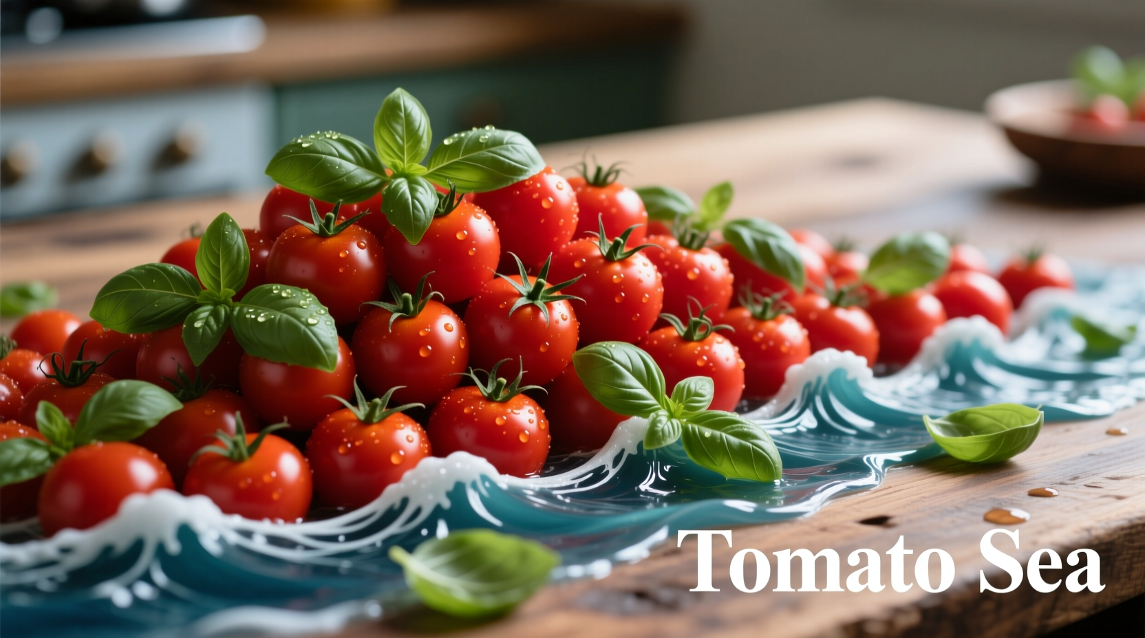 Tomato sea presentation with fresh basil garnish
