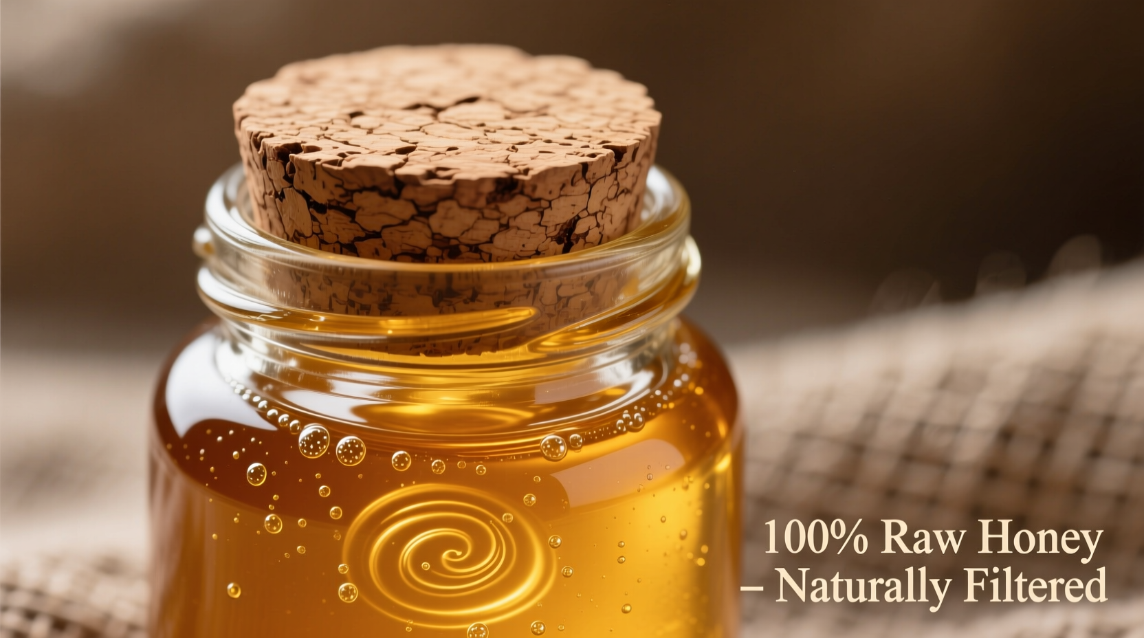 Raw honey in amber glass jar with natural cork stopper