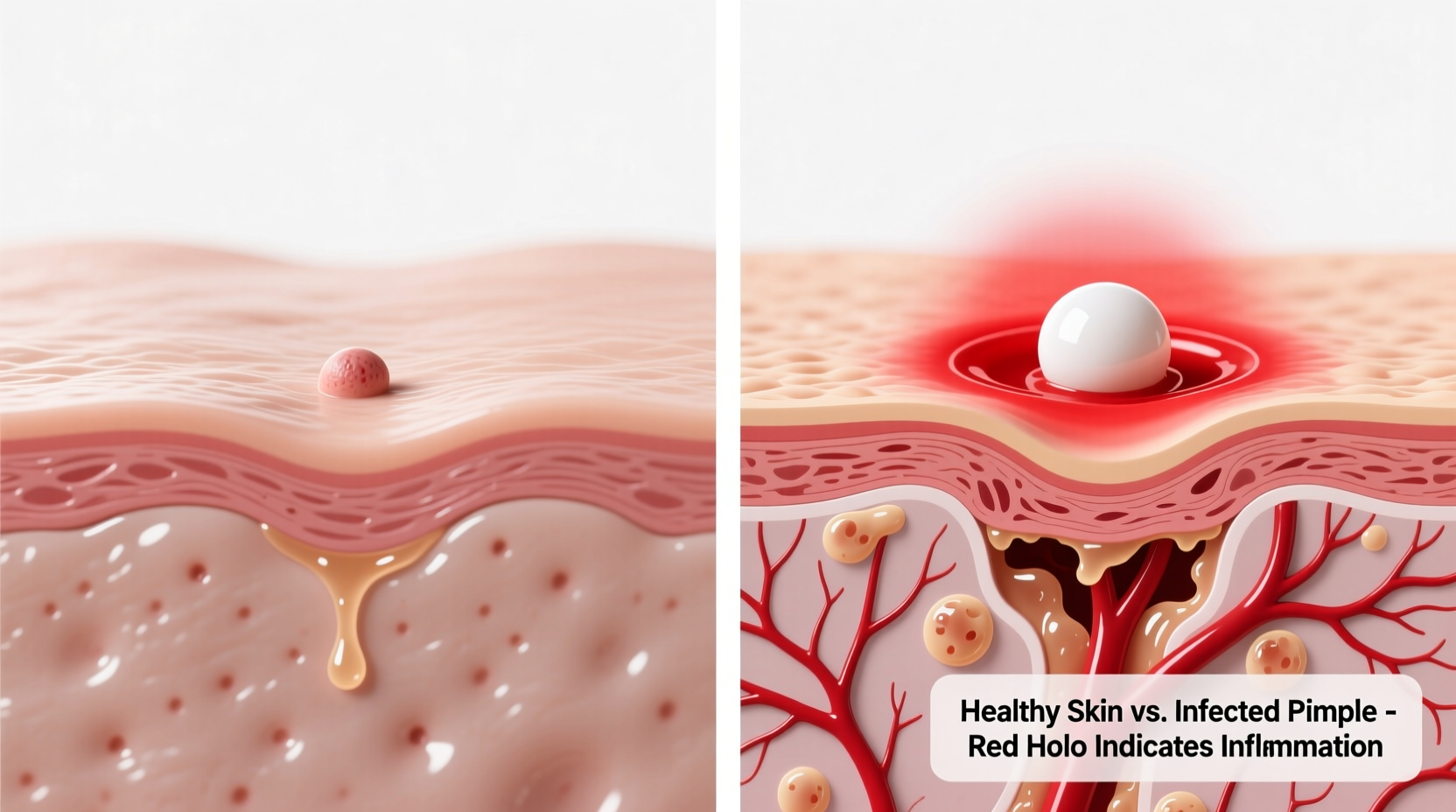 Comparison of healthy skin versus infected pimple with red halo