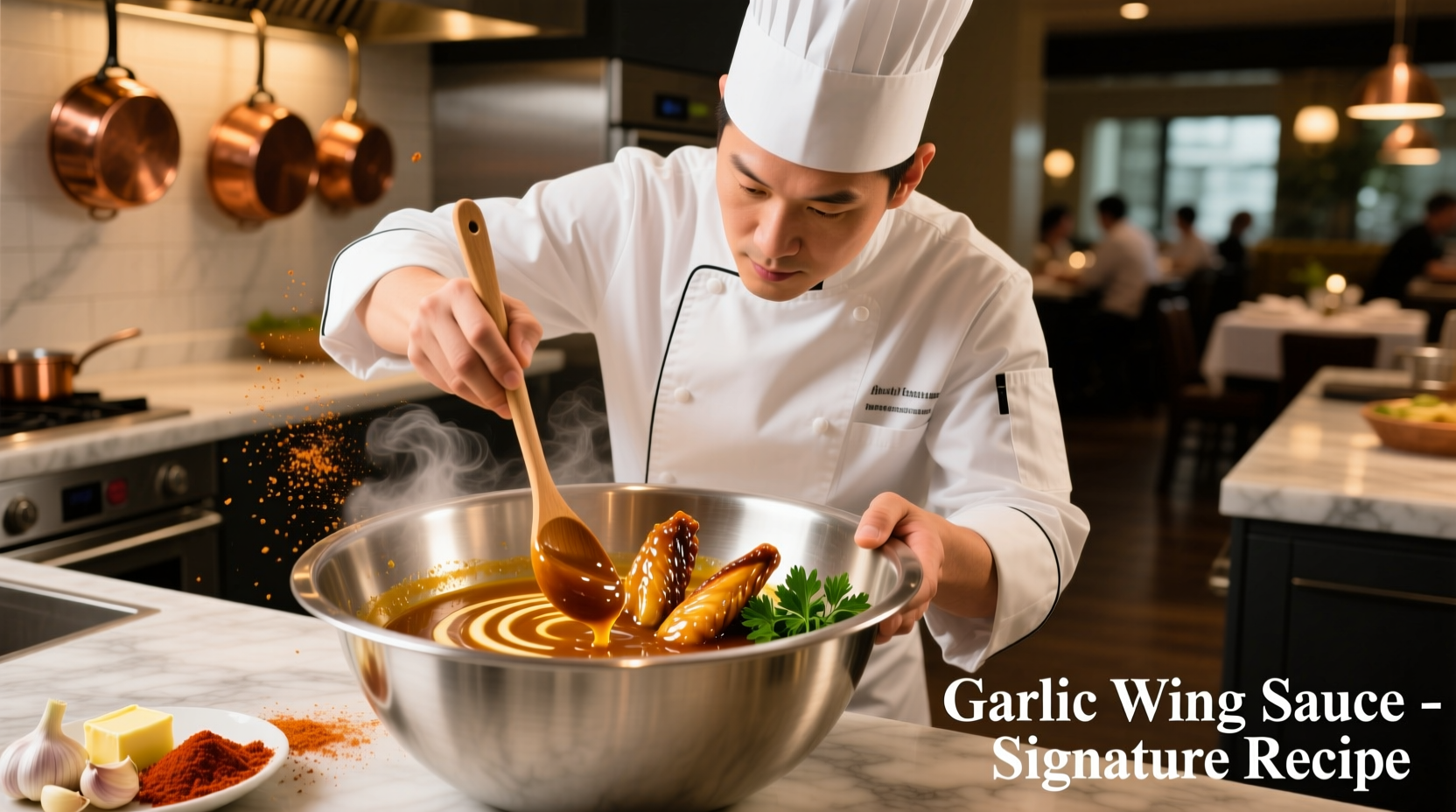 Professional chef preparing garlic wing sauce in stainless steel bowl