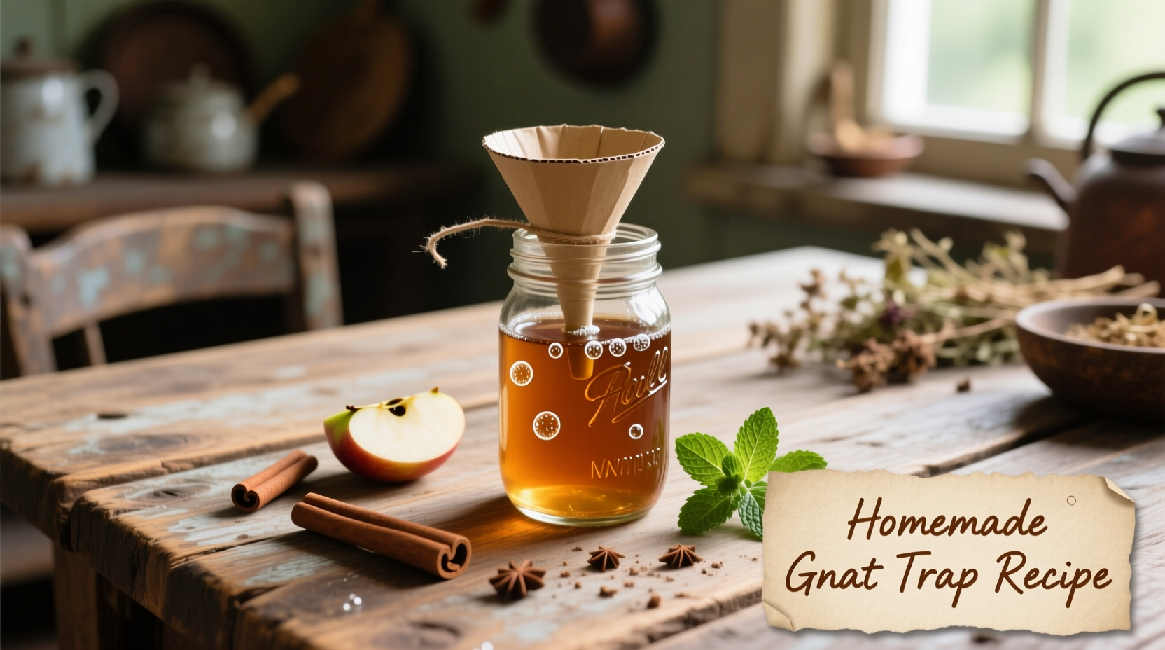 Apple cider vinegar gnat trap ingredients on wooden table