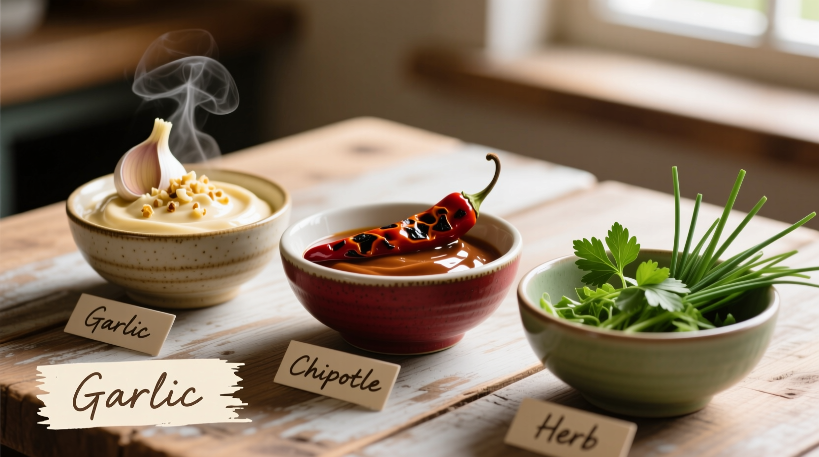 Three small bowls of flavored homemade mayonnaise: garlic, chipotle, herb