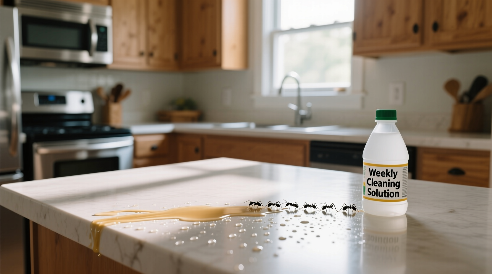 Weekly vinegar cleaning preventing ant trails on kitchen counter