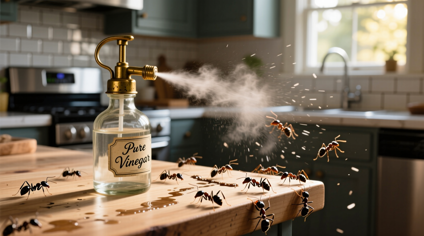 Vinegar spray bottle disrupting ant trail on kitchen counter