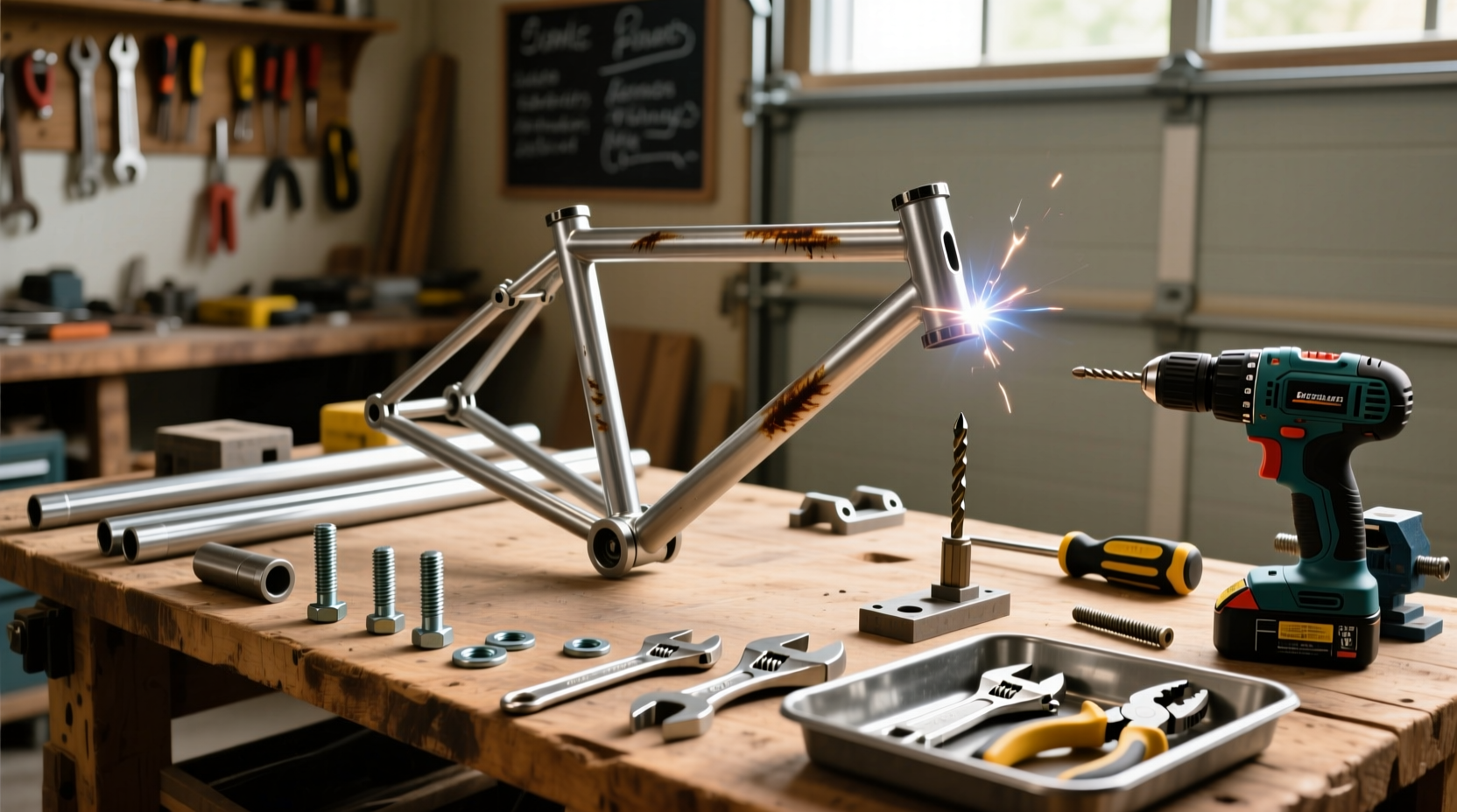 DIY bicycle stand materials laid out on workbench