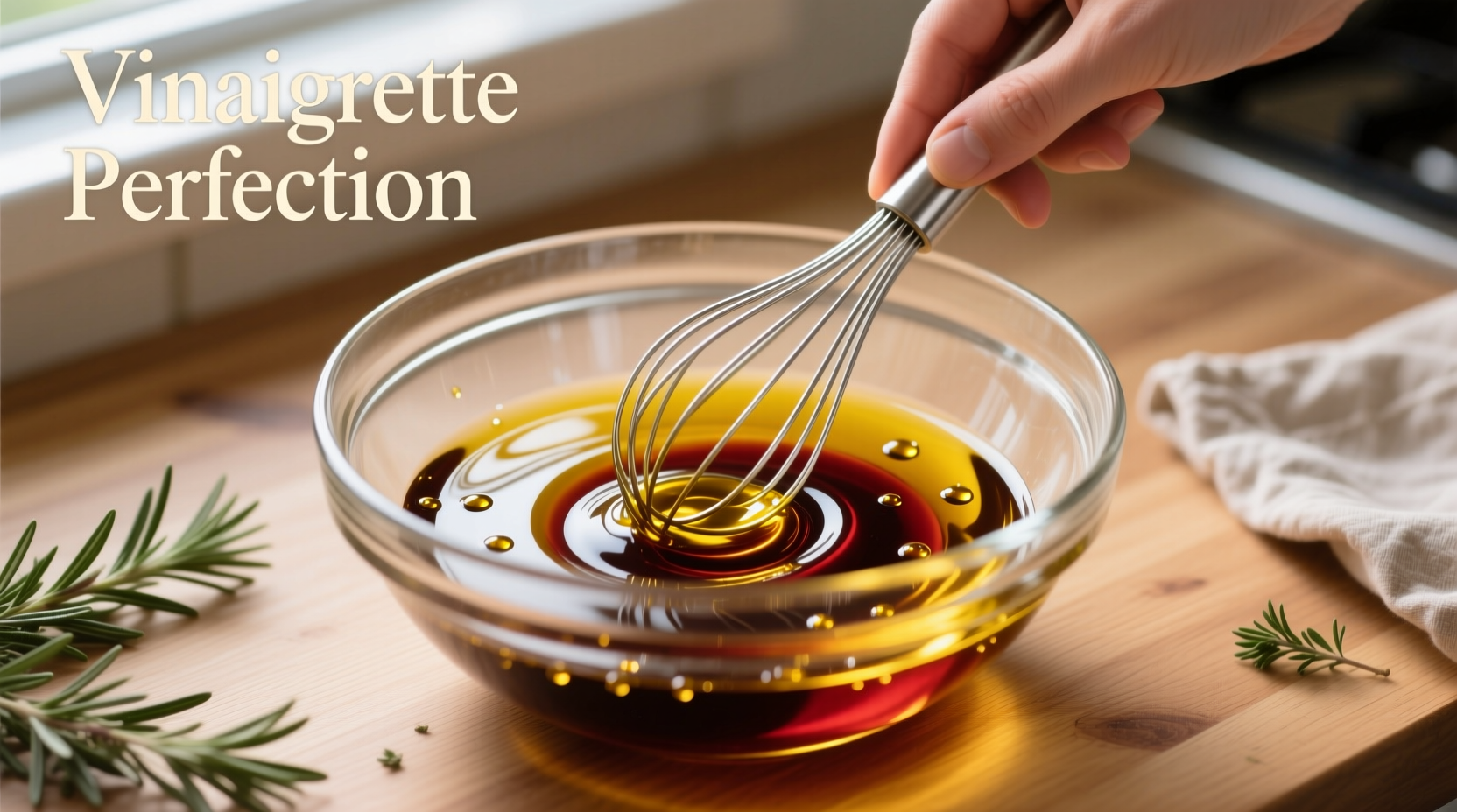 Hand whisking olive oil and vinegar in glass bowl
