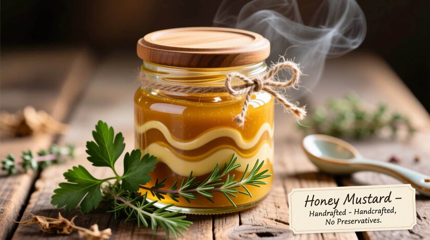 Homemade honey mustard sauce in glass jar with herbs