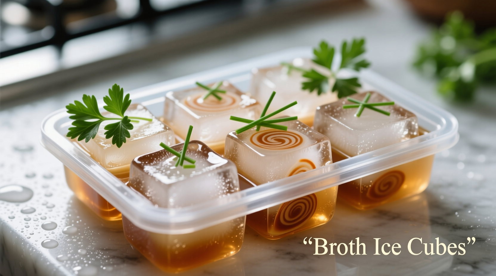 Broth ice cubes in freezer tray with herb garnish