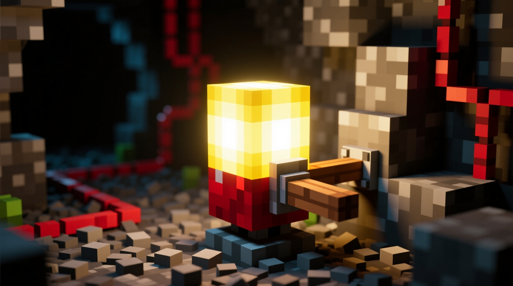 Redstone lamp powered by lever emitting bright light in Minecraft
