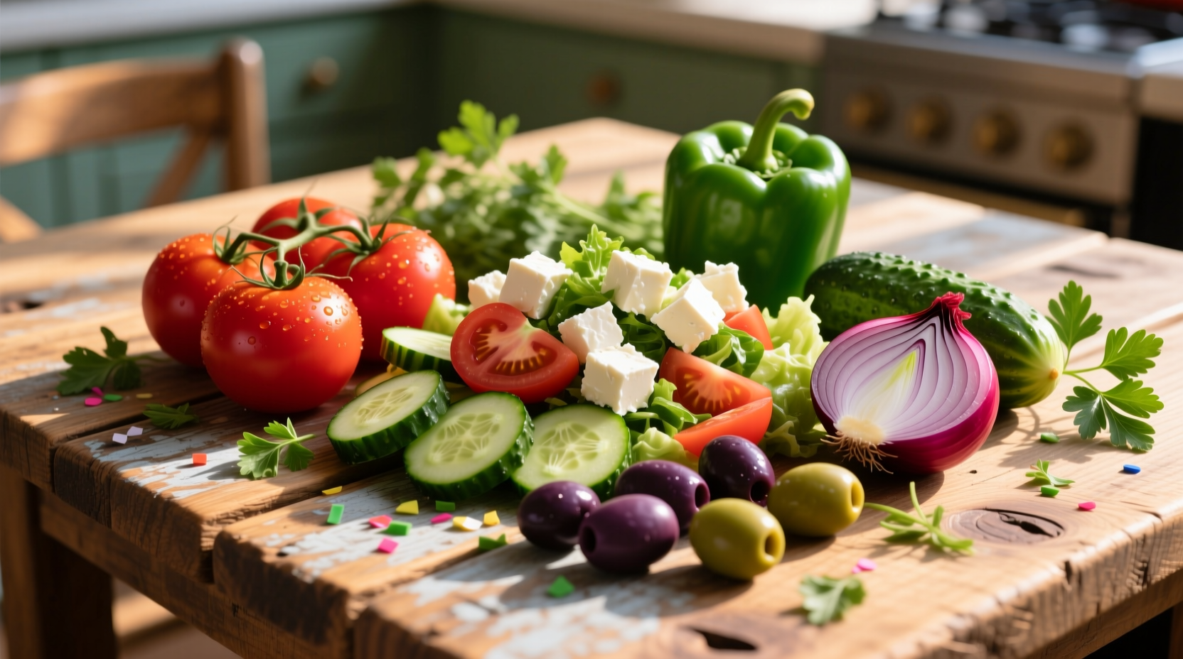 Fresh Greek salad ingredients on wooden table