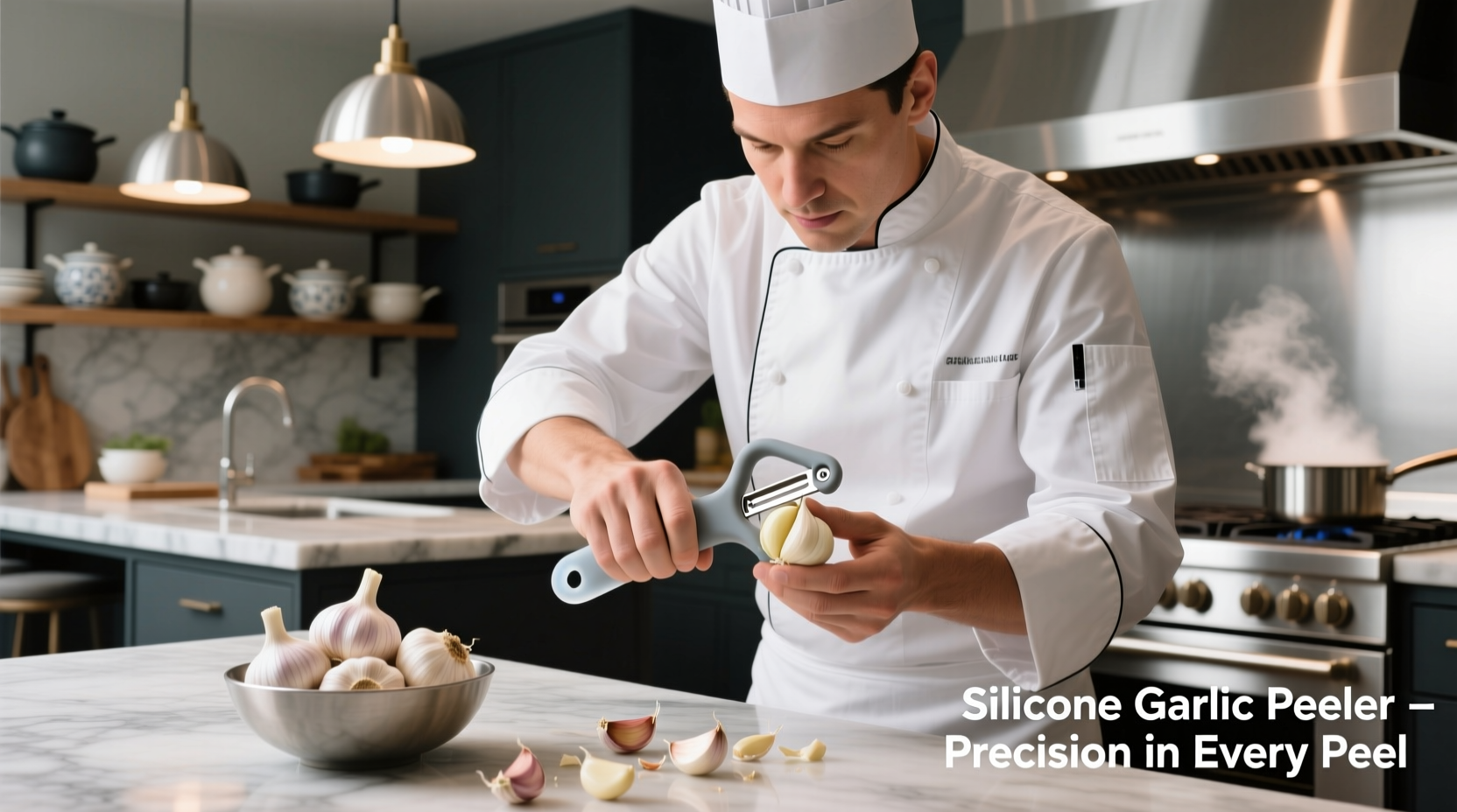 Professional chef using silicone garlic peeler