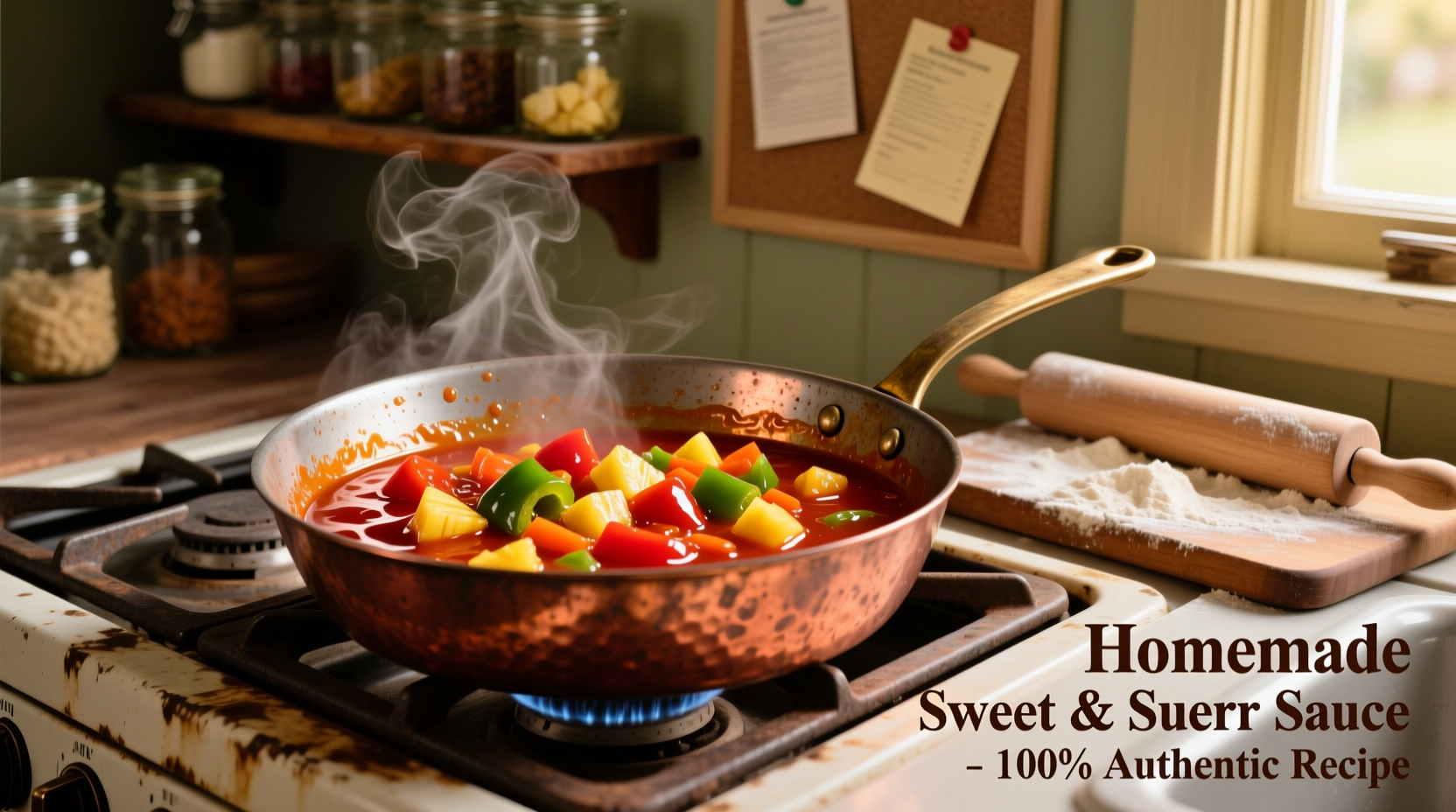Homemade sweet and sour sauce simmering in copper pan
