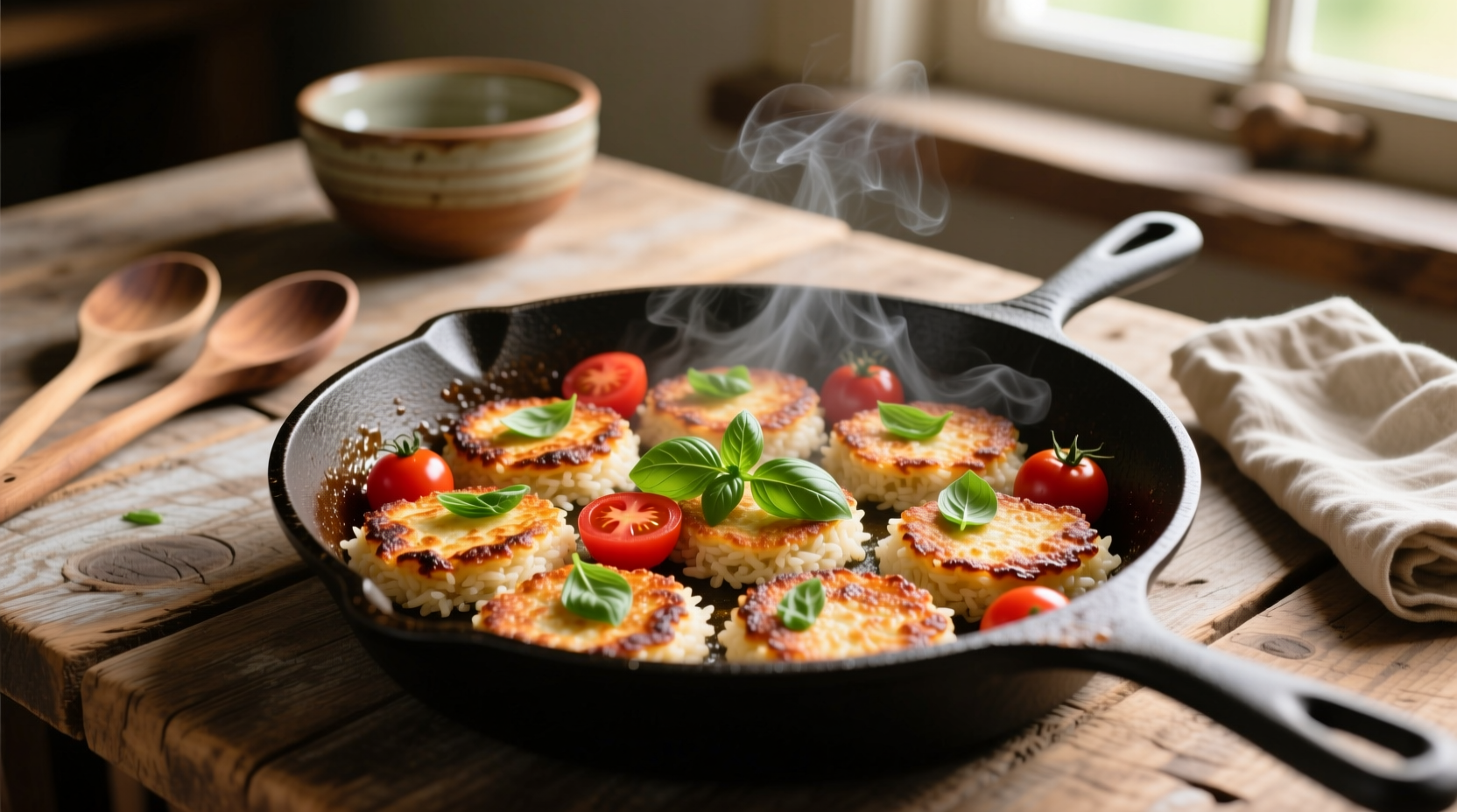 Fresh tomato basil rice cakes on cast iron skillet