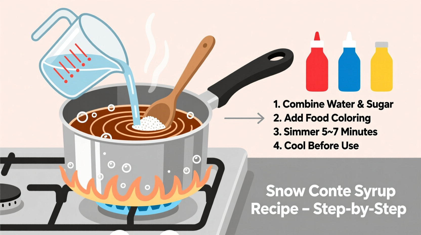 Step-by-step snow cone syrup cooking process in saucepan