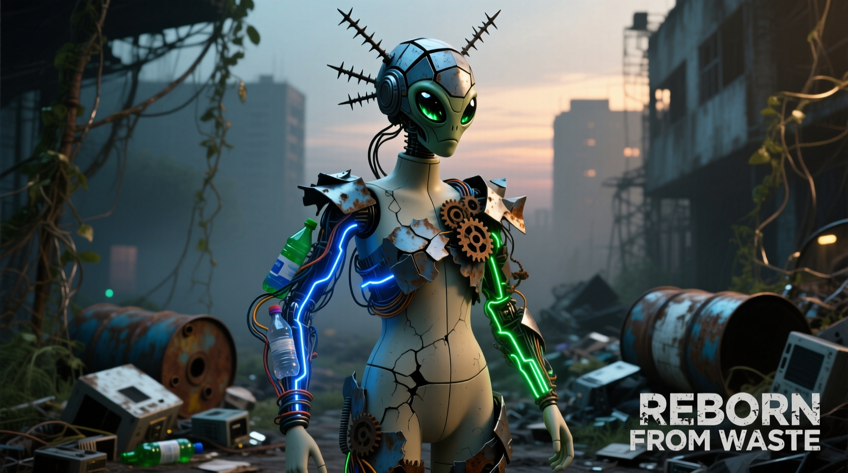 Recycled material alien costume base on mannequin