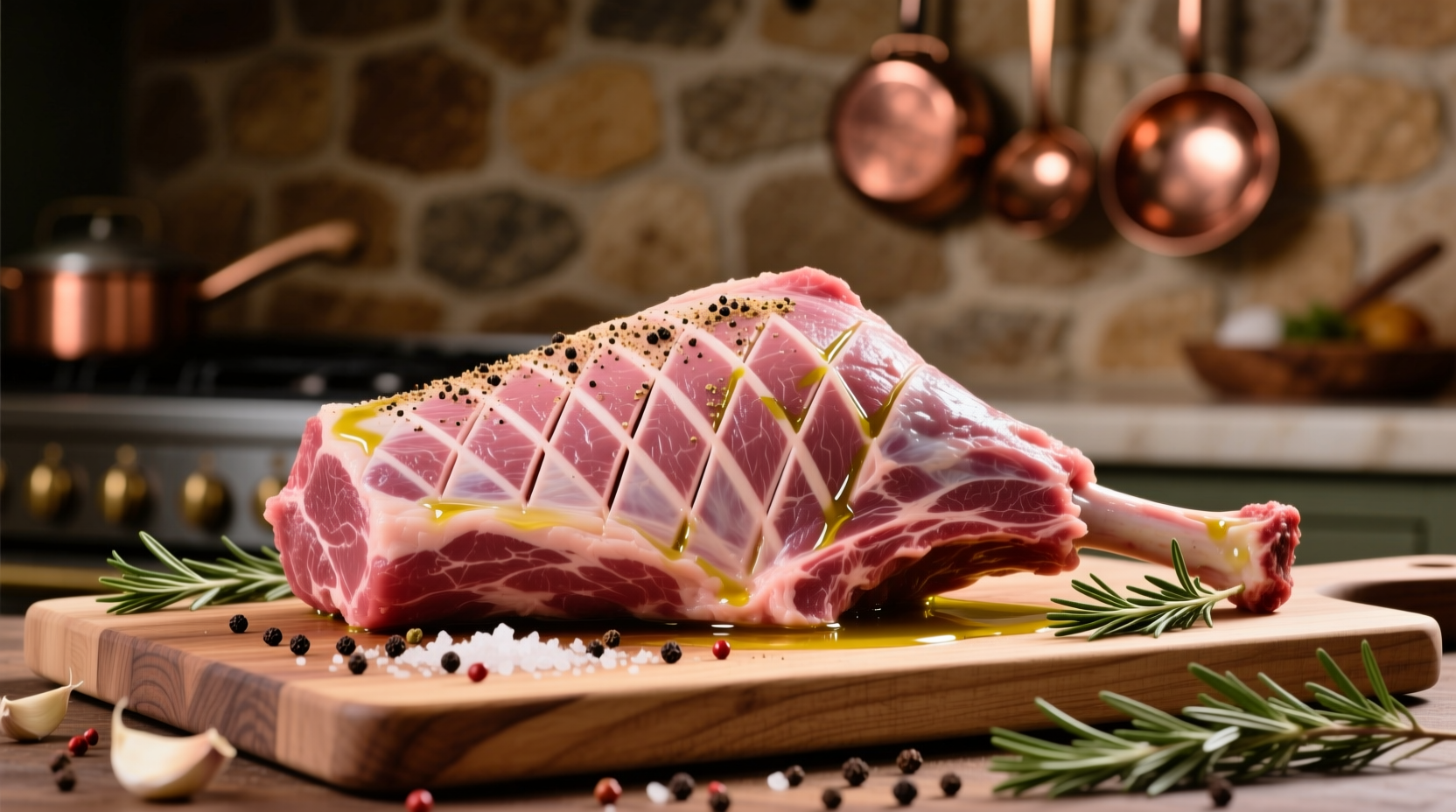 Boneless leg of lamb properly scored and seasoned