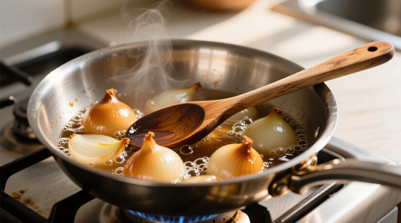 Caramelized onions in stainless steel pan with wooden spoon