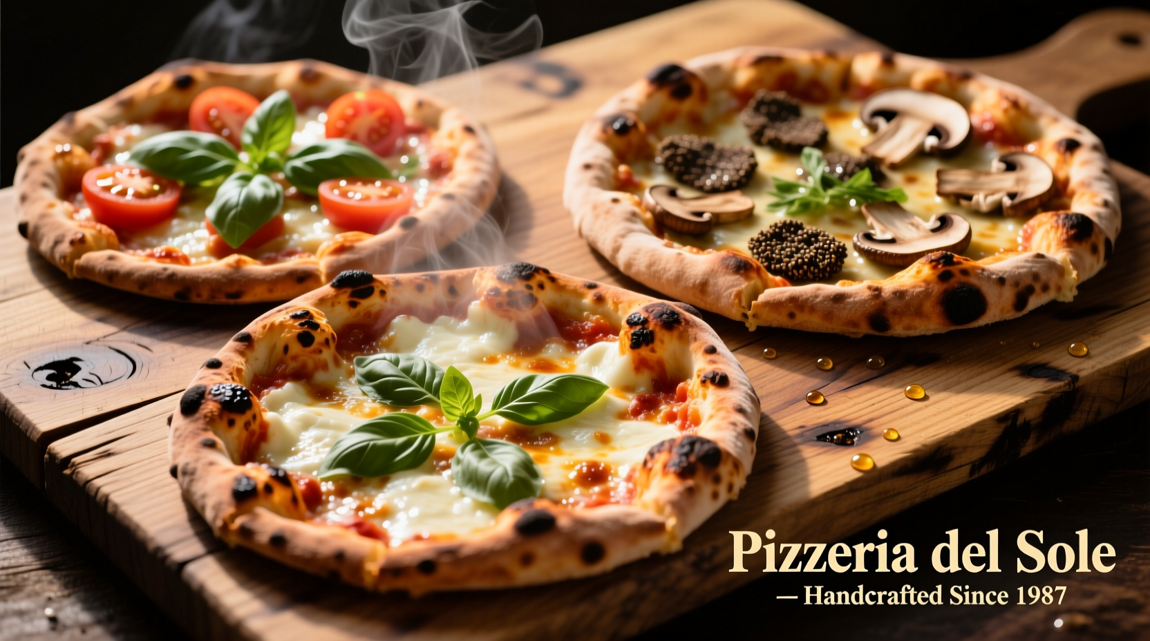 Three pizza variations on wooden board