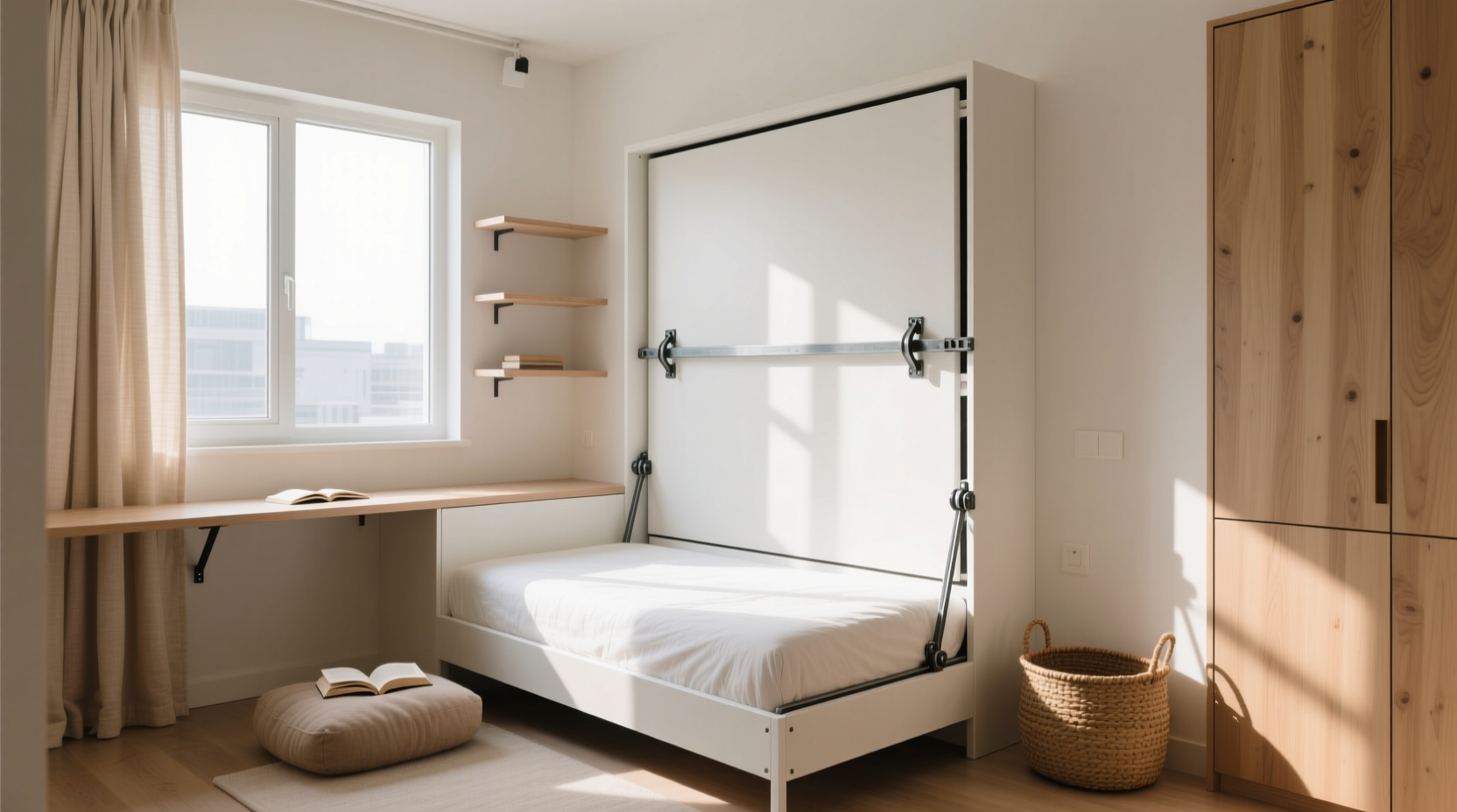 DIY Murphy bed folded against wall in small studio apartment