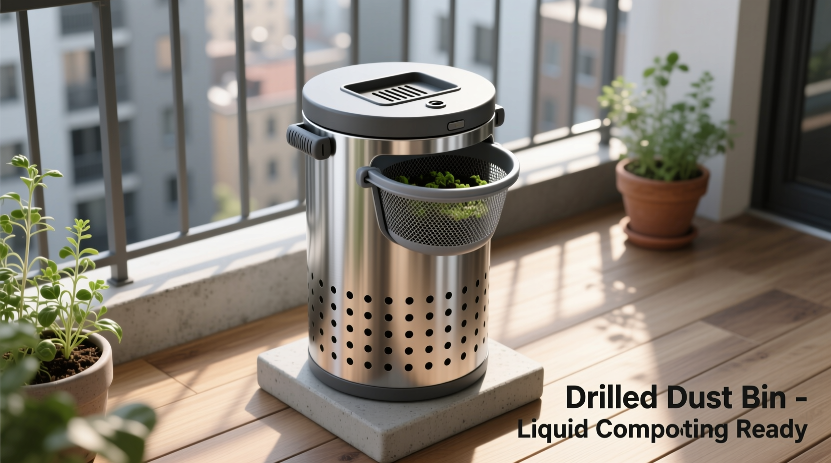 Drilled dust bin with mesh strainer for liquid composting