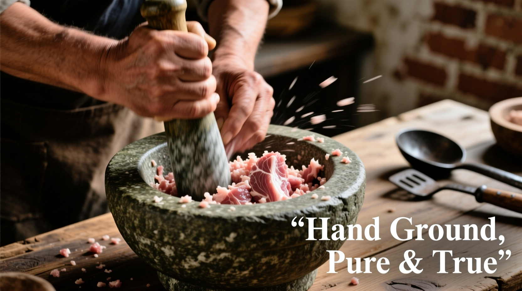 Hand grinding pork shoulder for sausage preparation