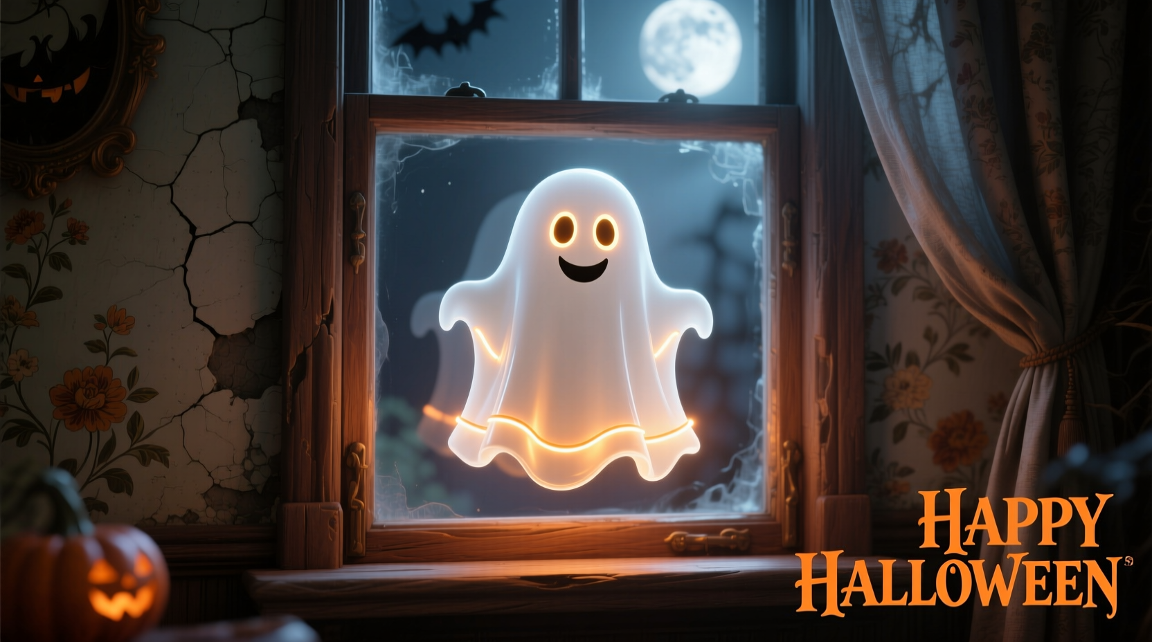 Smiling ghost decoration with LED light in window