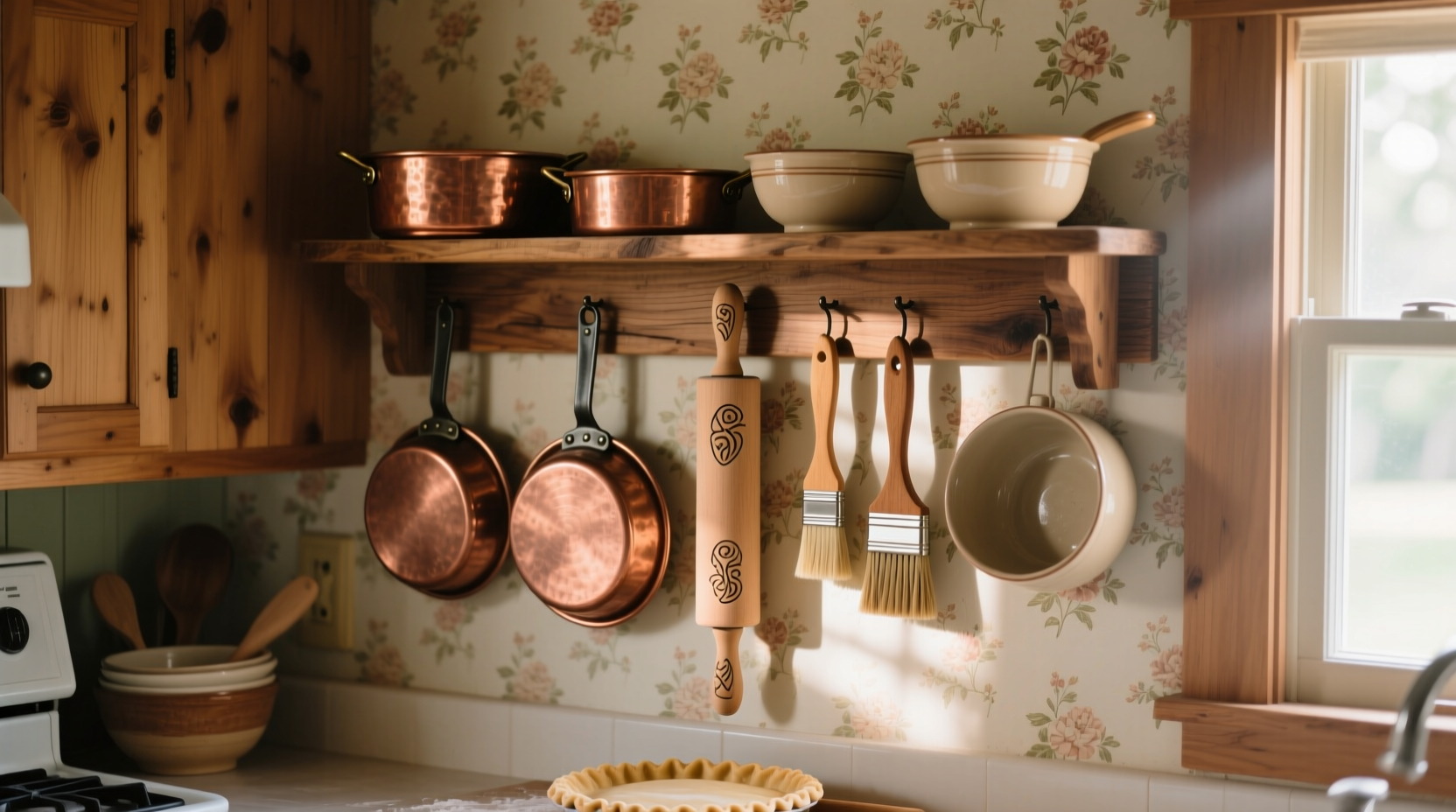 Compact kitchen with pie tools organized on wall racks