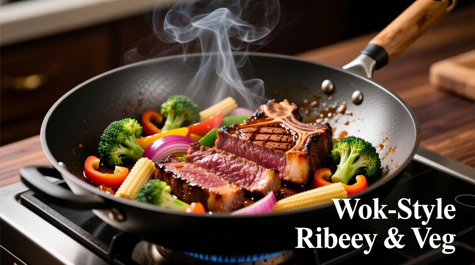 Sliced ribeye steak in wok with vegetables