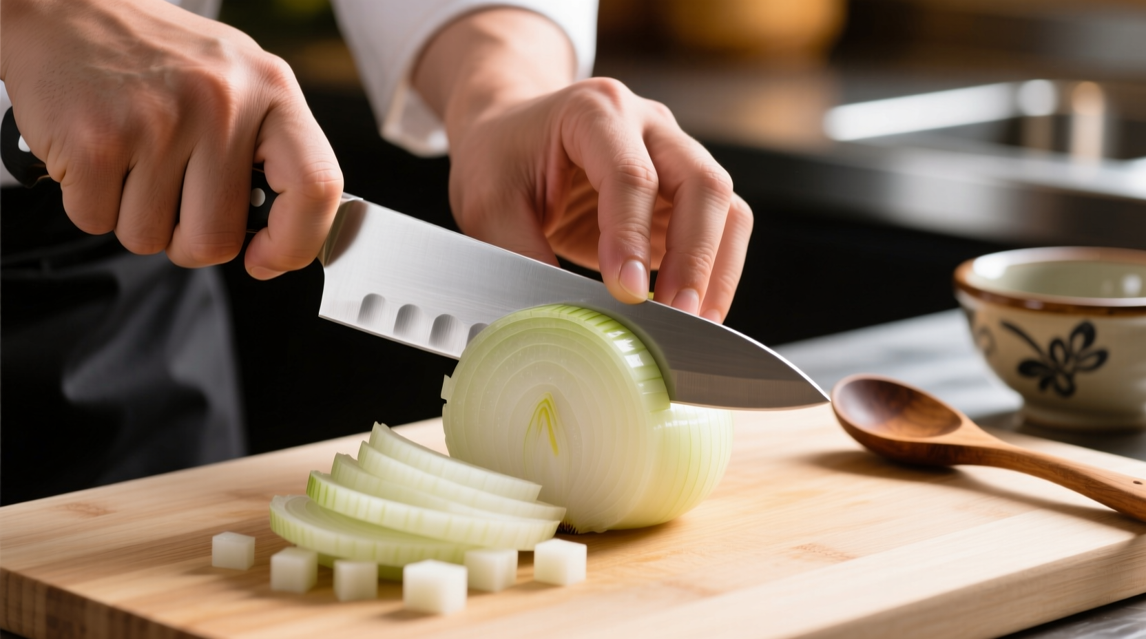Chef's hand demonstrating proper onion dicing technique with sharp knife