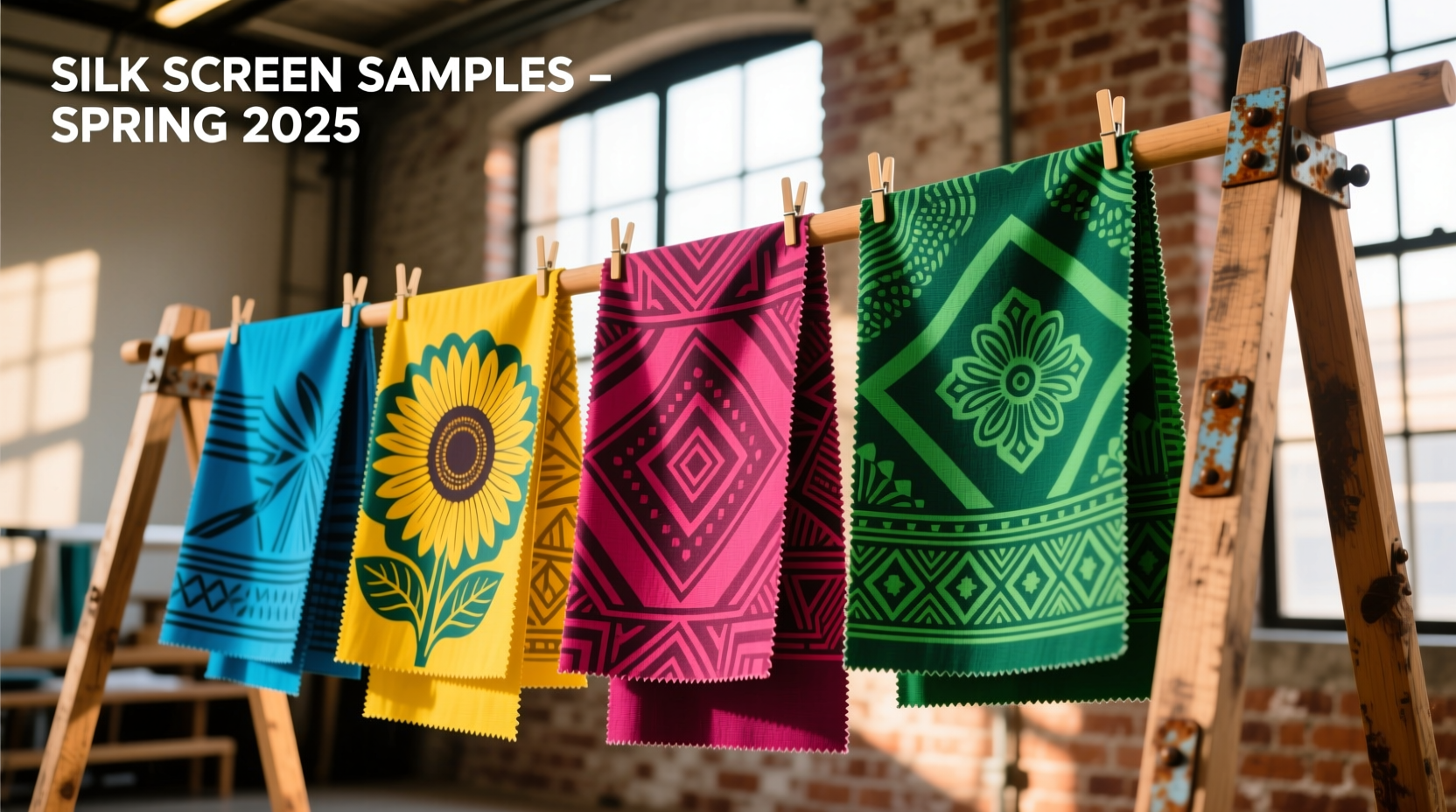 Colorful silk screen printed fabric samples on drying rack