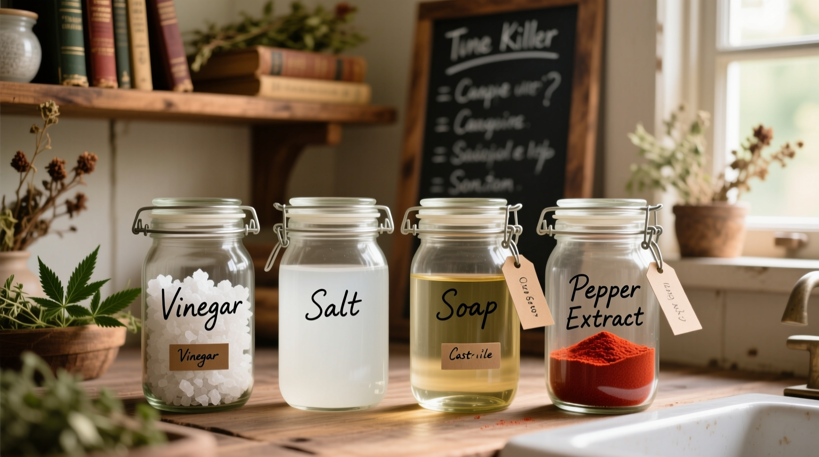 Homemade weed killer ingredients in glass jars