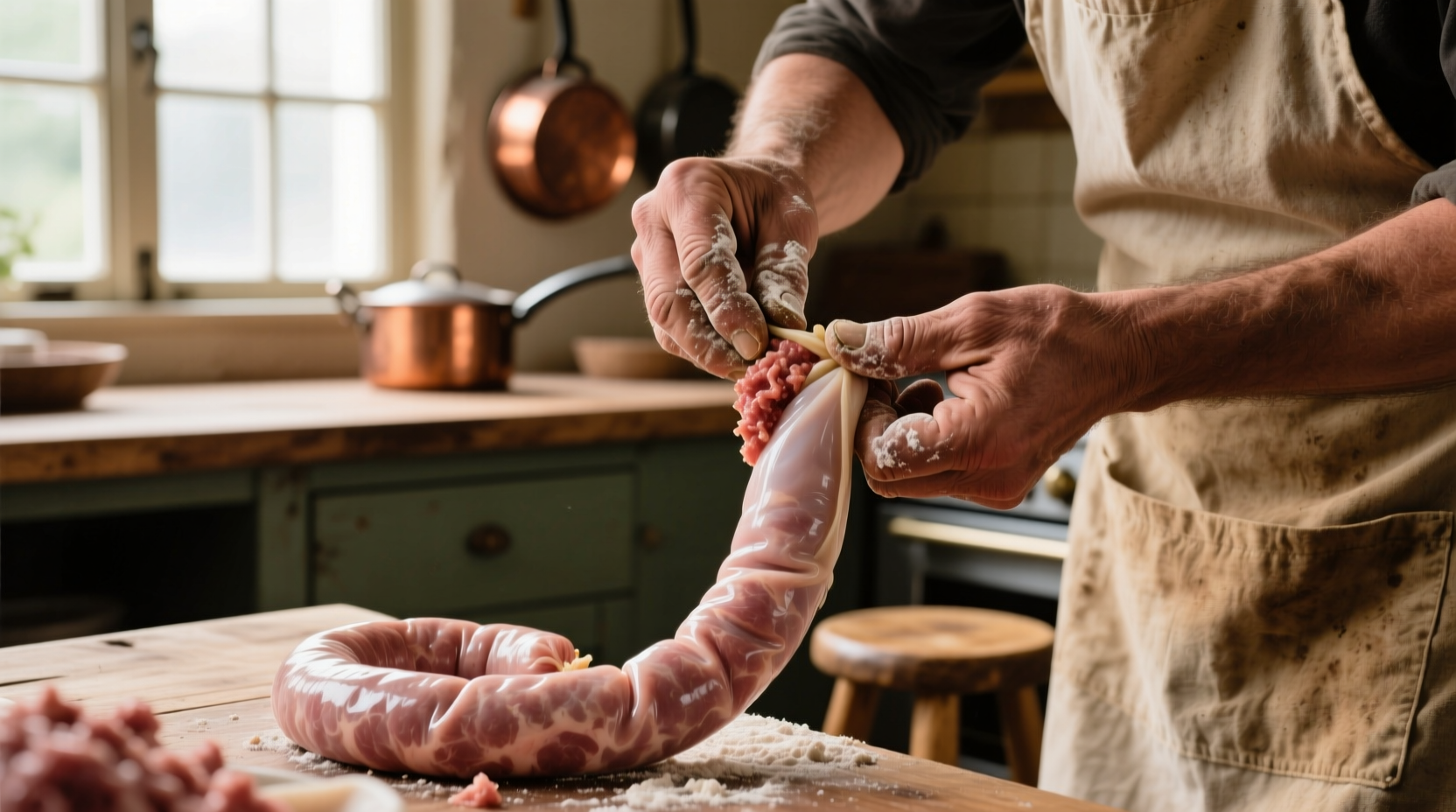 Hand-stuffing natural sausage casings with gentle pressure