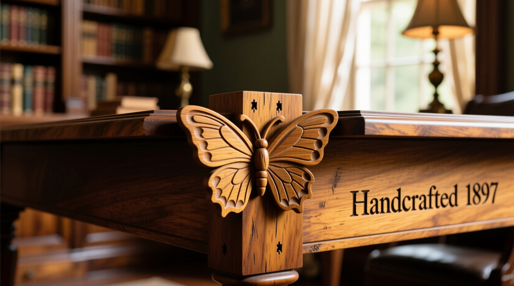 Close-up of decorative butterfly joint in wooden table
