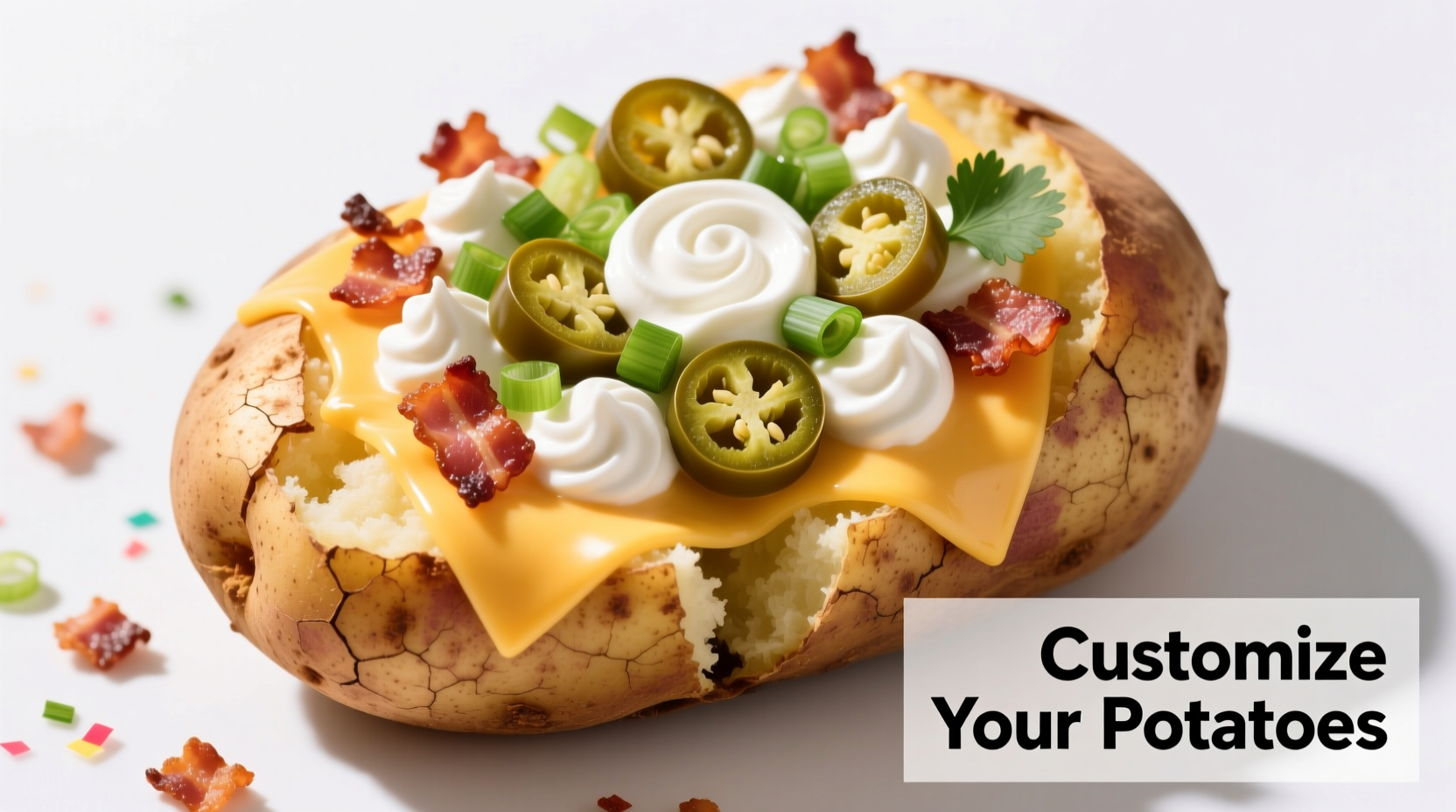 Customizable baked potato with various toppings arranged