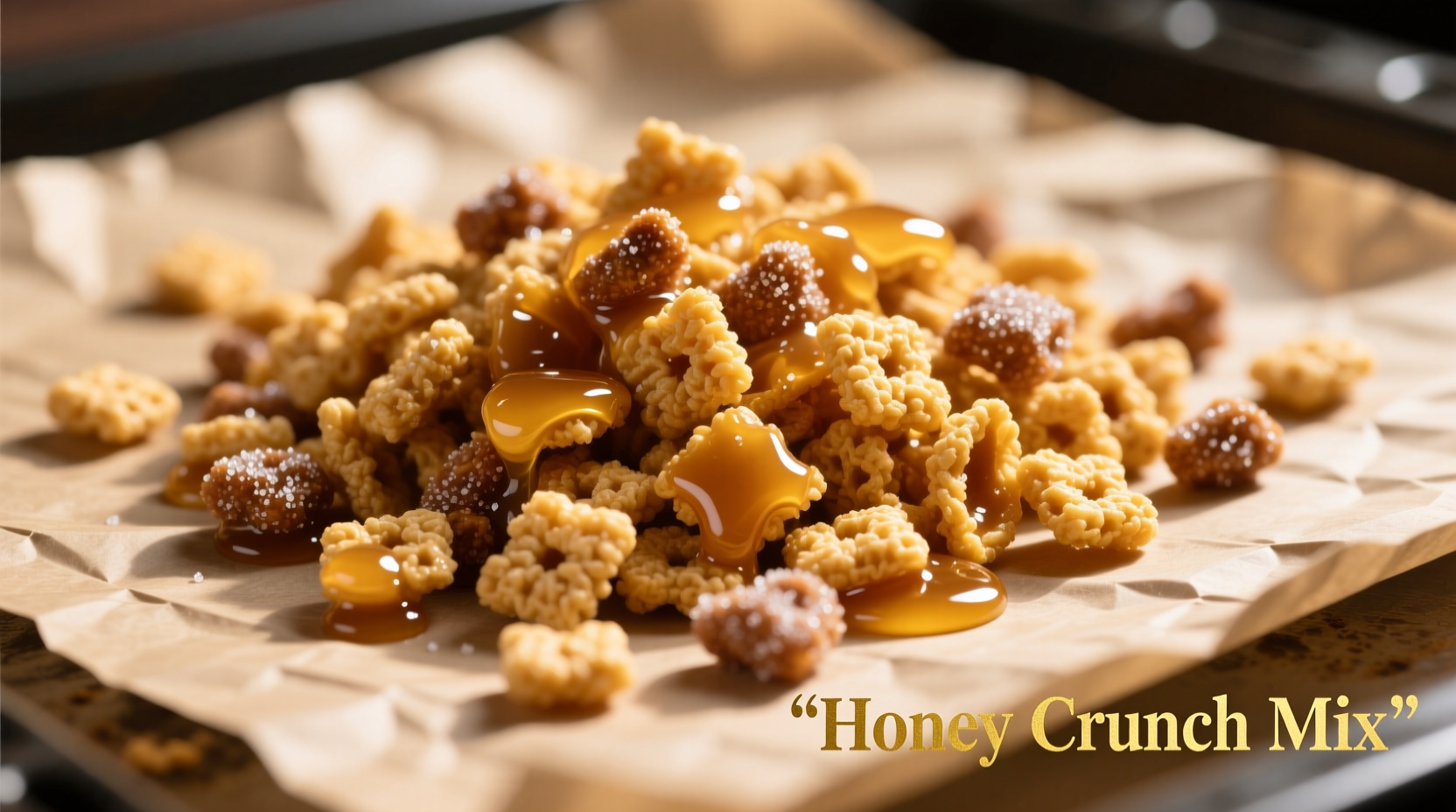 Golden honey chex mix cooling on parchment paper