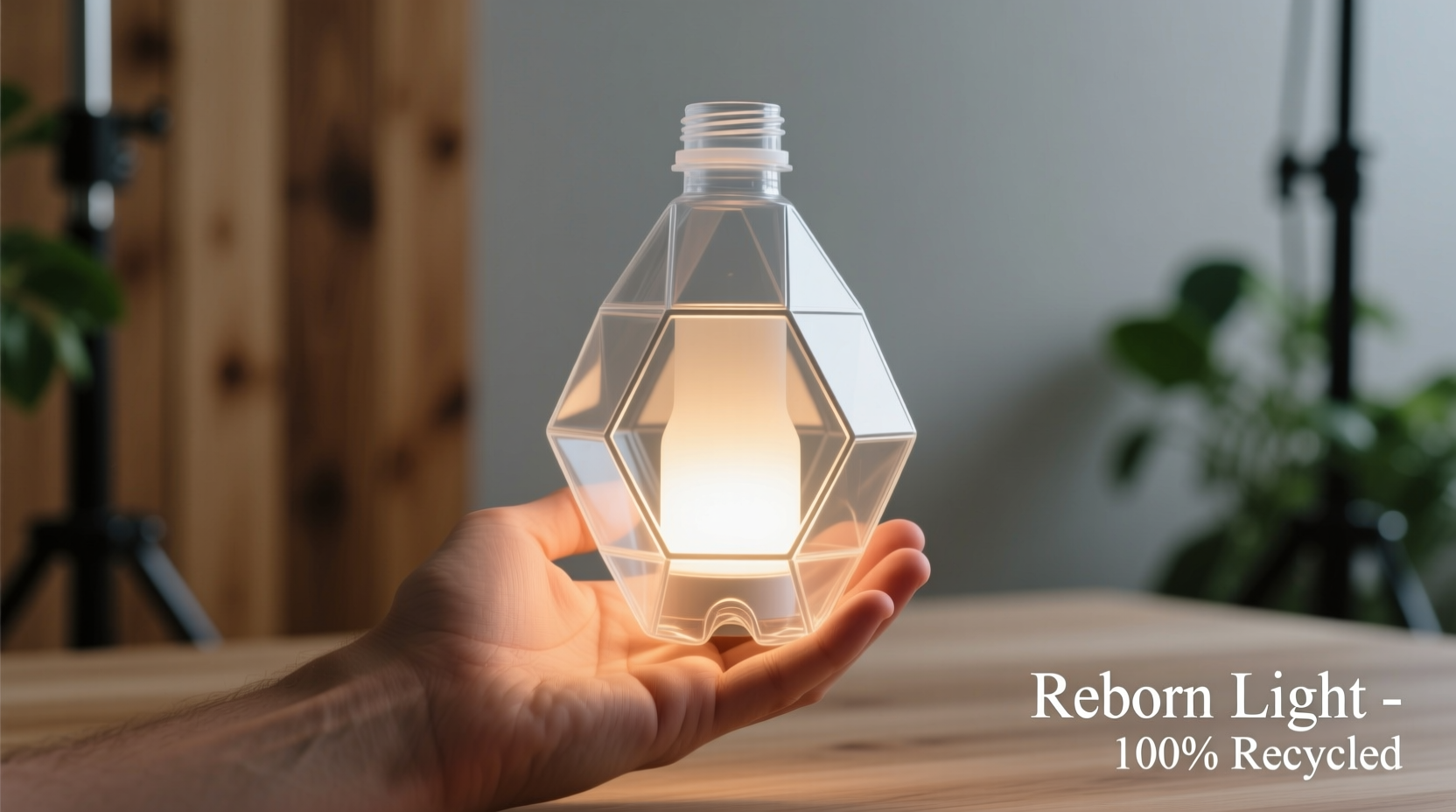 Hand holding recycled plastic bottle transformed into geometric lamp
