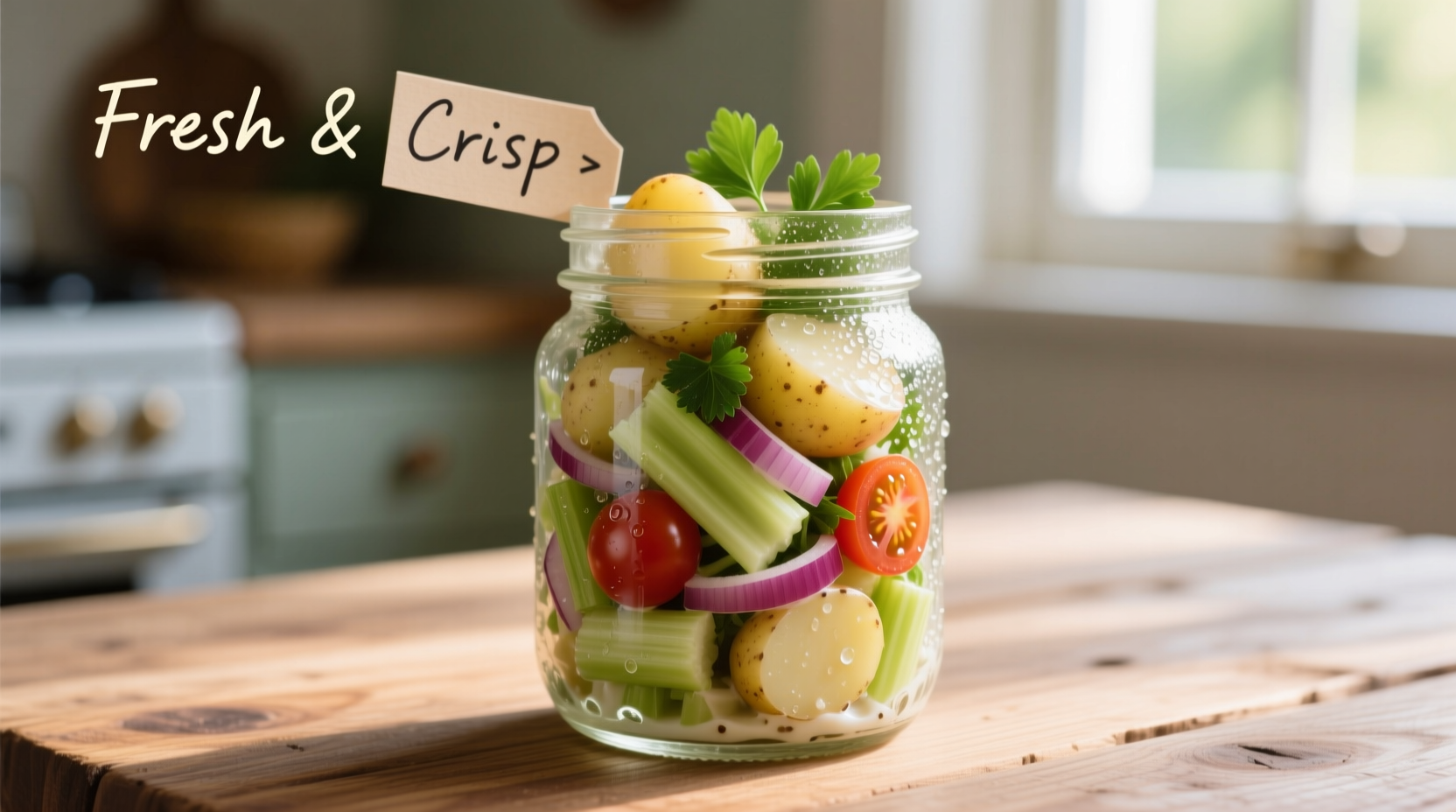 Fresh potato salad in glass container