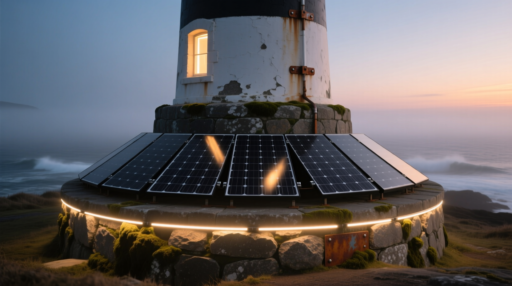 Solar LED installation in lighthouse base