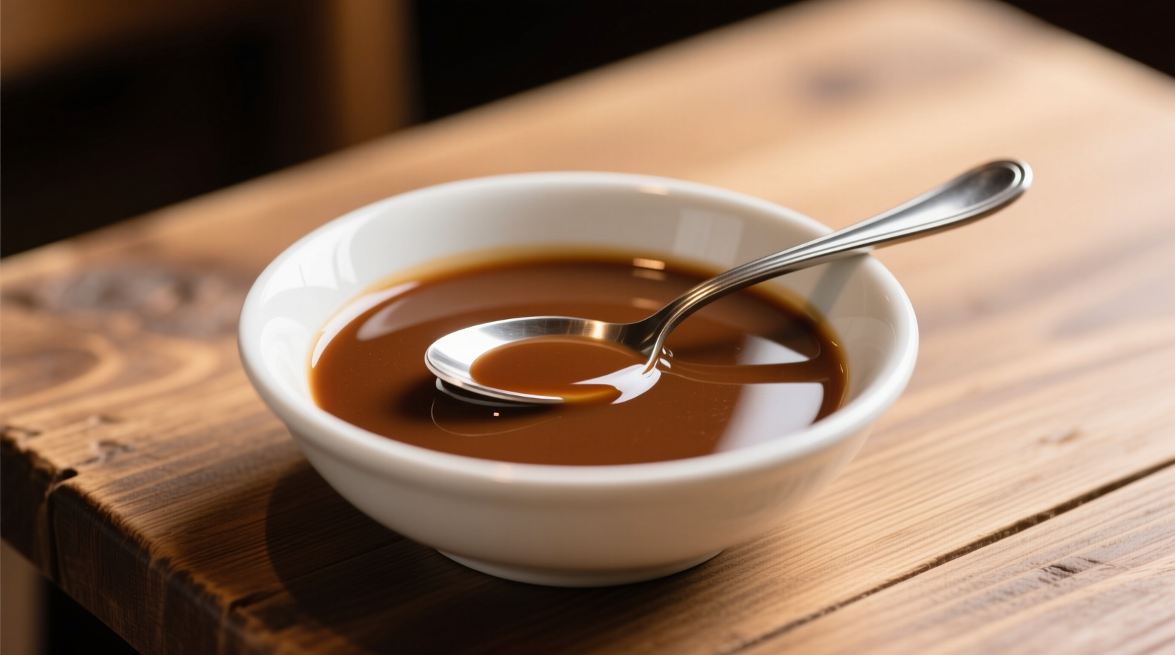 Smooth brown gravy in white ceramic bowl with spoon
