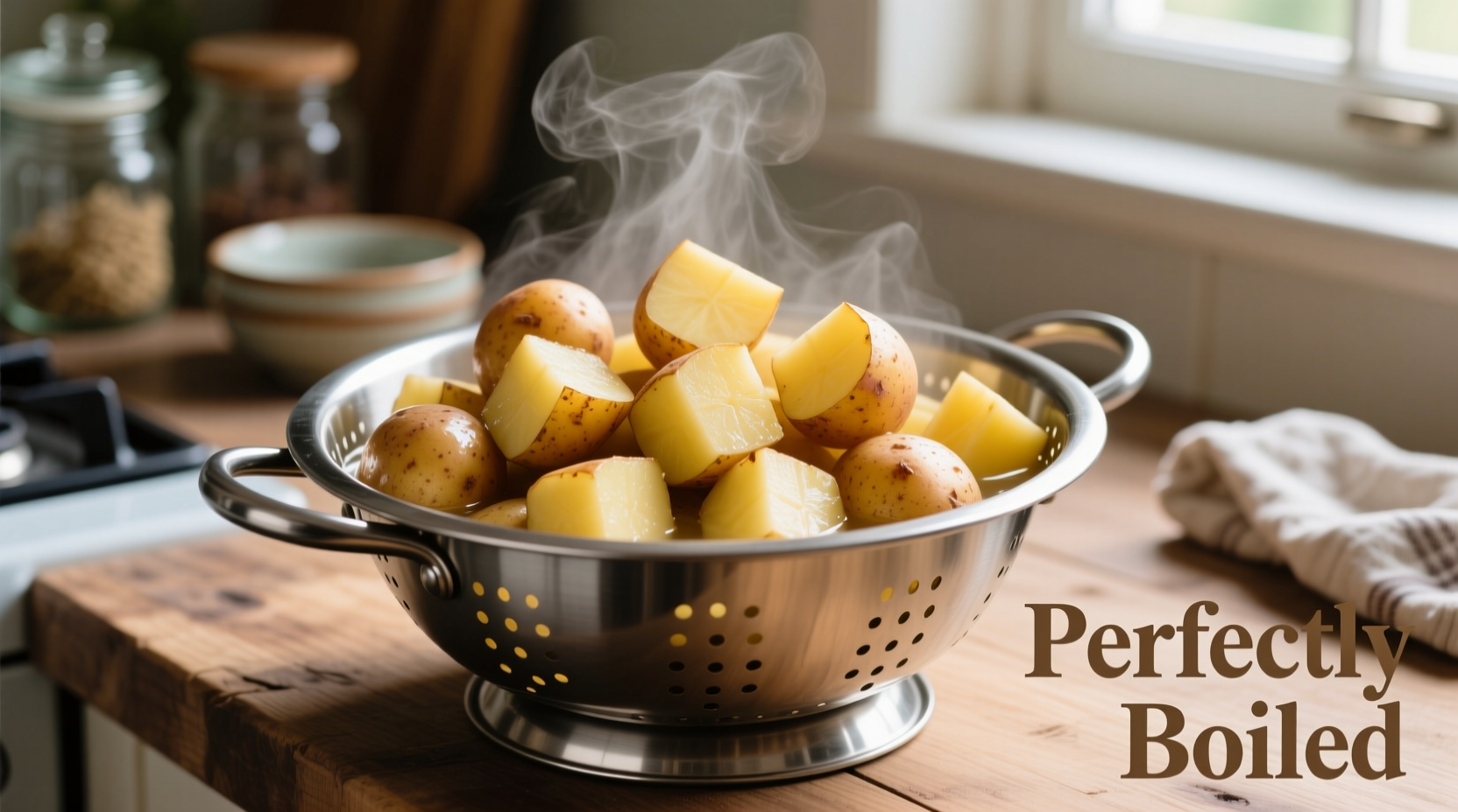 Perfectly boiled russet potato cubes in colander