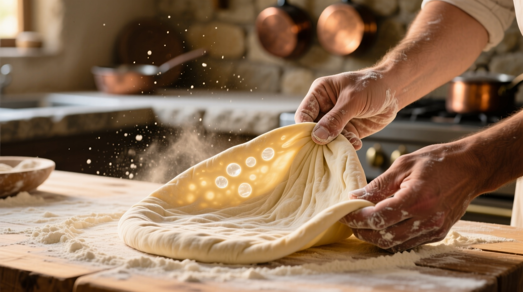 Hands stretching elastic pita dough on floured surface