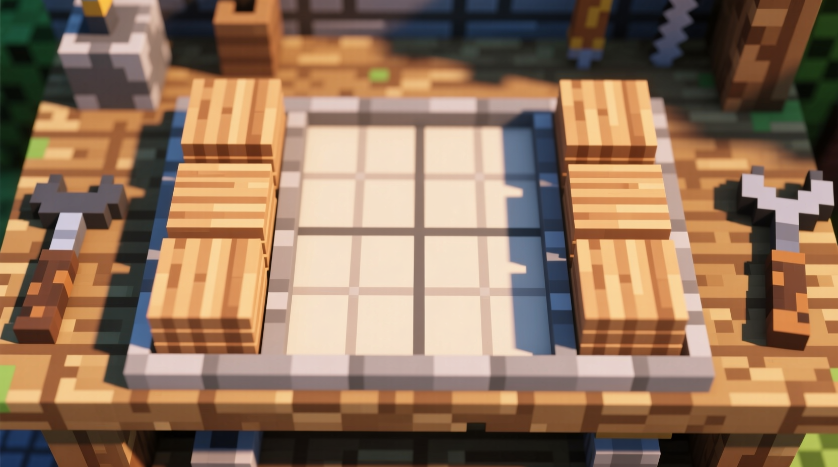 Minecraft crafting grid showing planks in left and right columns