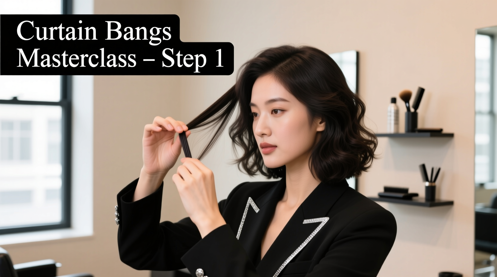 Stylist demonstrating curtain bangs technique