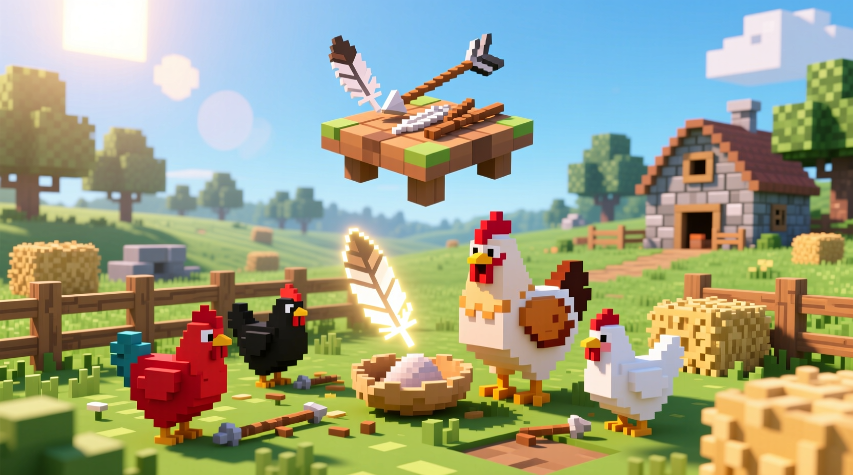 Minecraft chicken farm producing feathers for arrow crafting