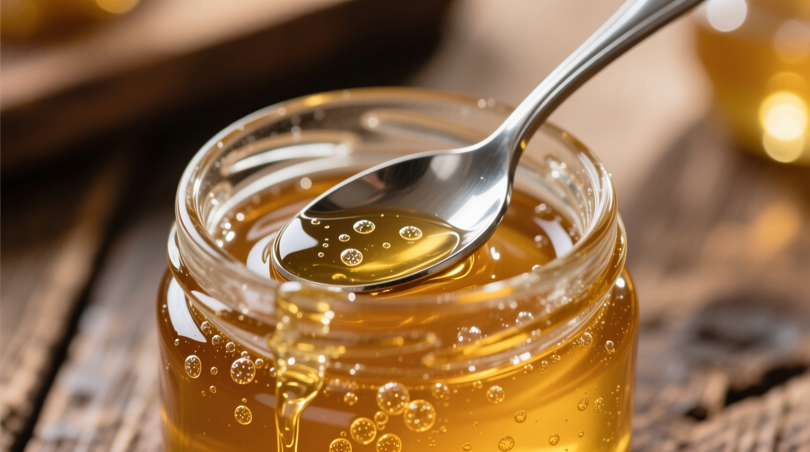 Raw honey in glass jar showing natural crystallization texture with wooden spoon