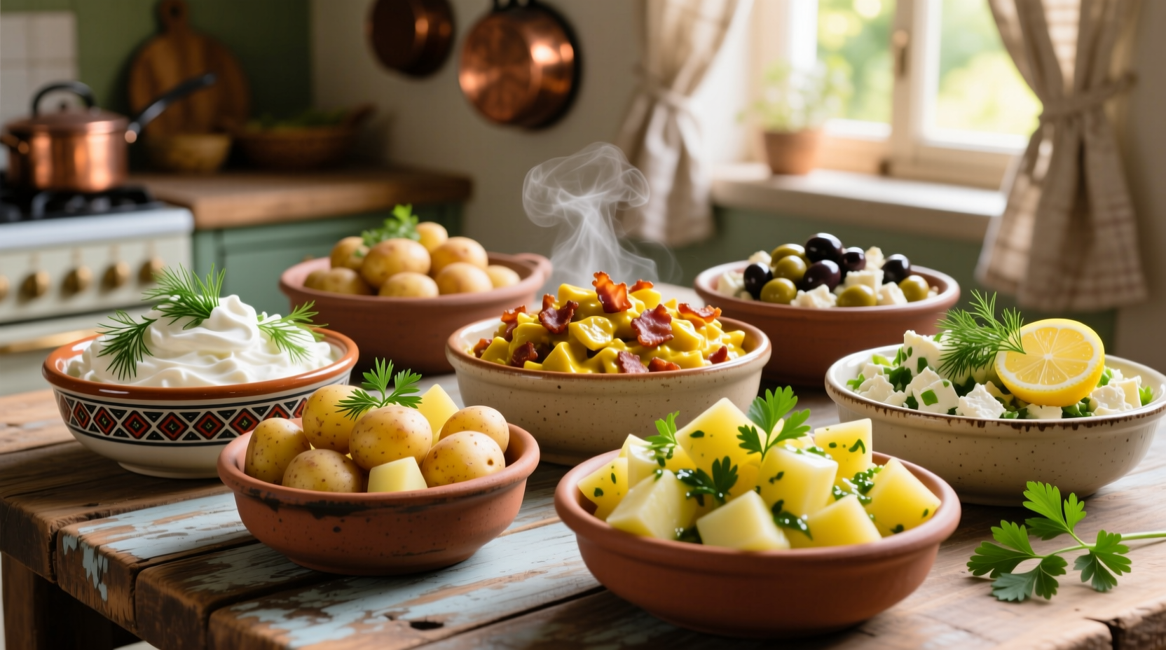 Variety of potato salad types in serving bowls